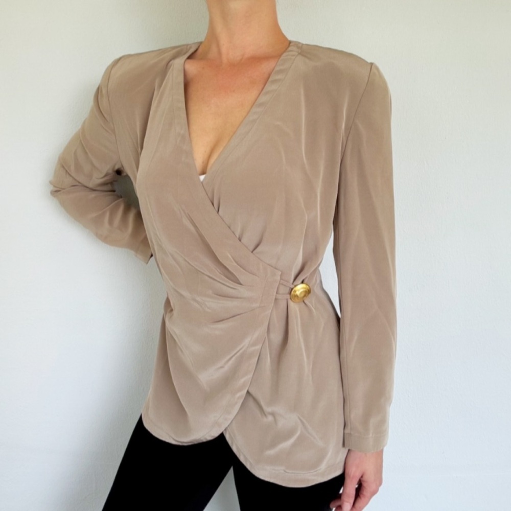 Vintage Jones New York gray tan satin surplice wrap front blouse size 6